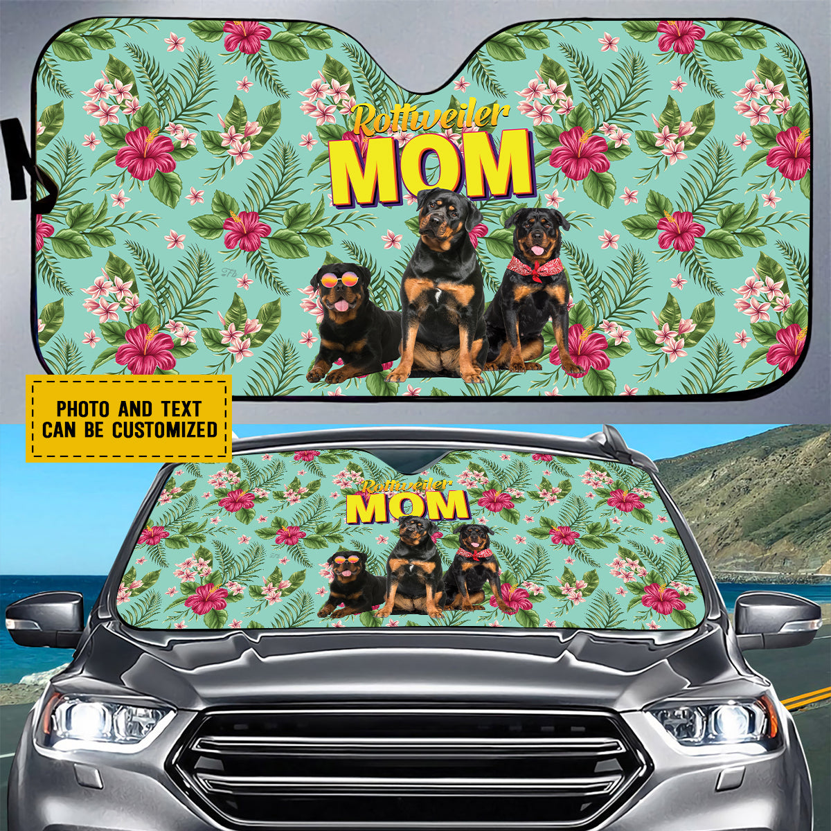 Petthouse | Customized Rottweiler Hawaiian Pattern Windshield Sun Shade Dog Mom Sunshade For Car