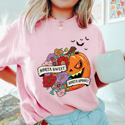 Petthhouse | Sorta Sweet Sorta Spooky Halloween Shirt, Halloween Wildflower Floral Pumpkin Shirt