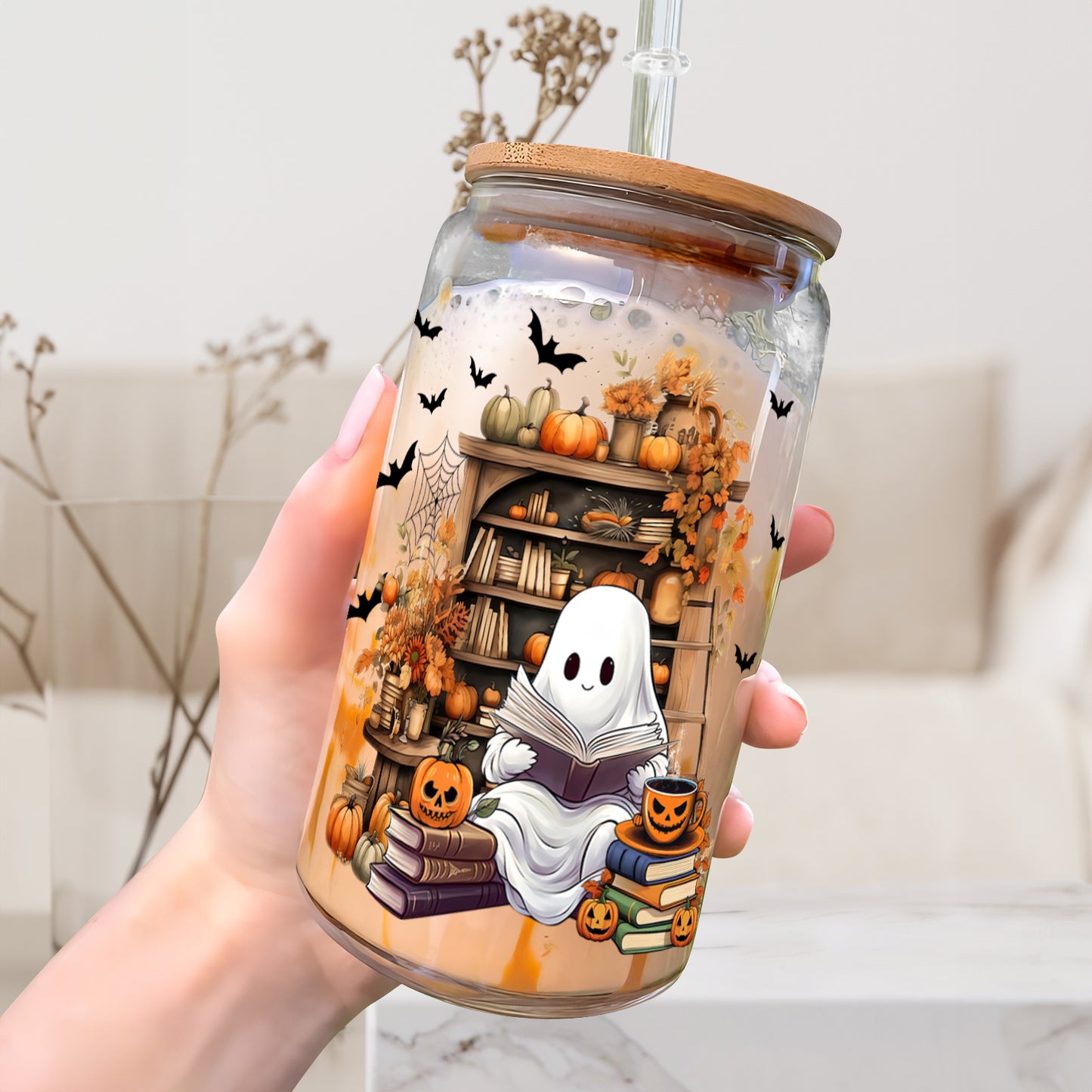 Petthouse | Cute Ghost Reading Book Glass Can, Ghostly Bookish Cup, Housewarming Party, Halloween Book