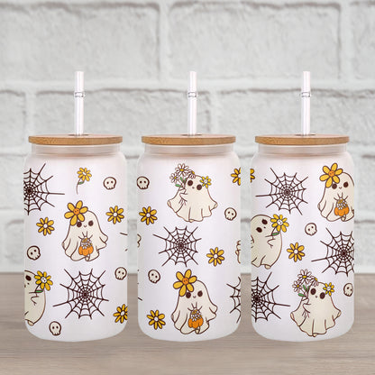 Petthouse | Halloween Ghost Cute Glass Can, Ghost Spooky Vibes Glass Can, Spooky Cute Glass Tumbler Cup Wrap