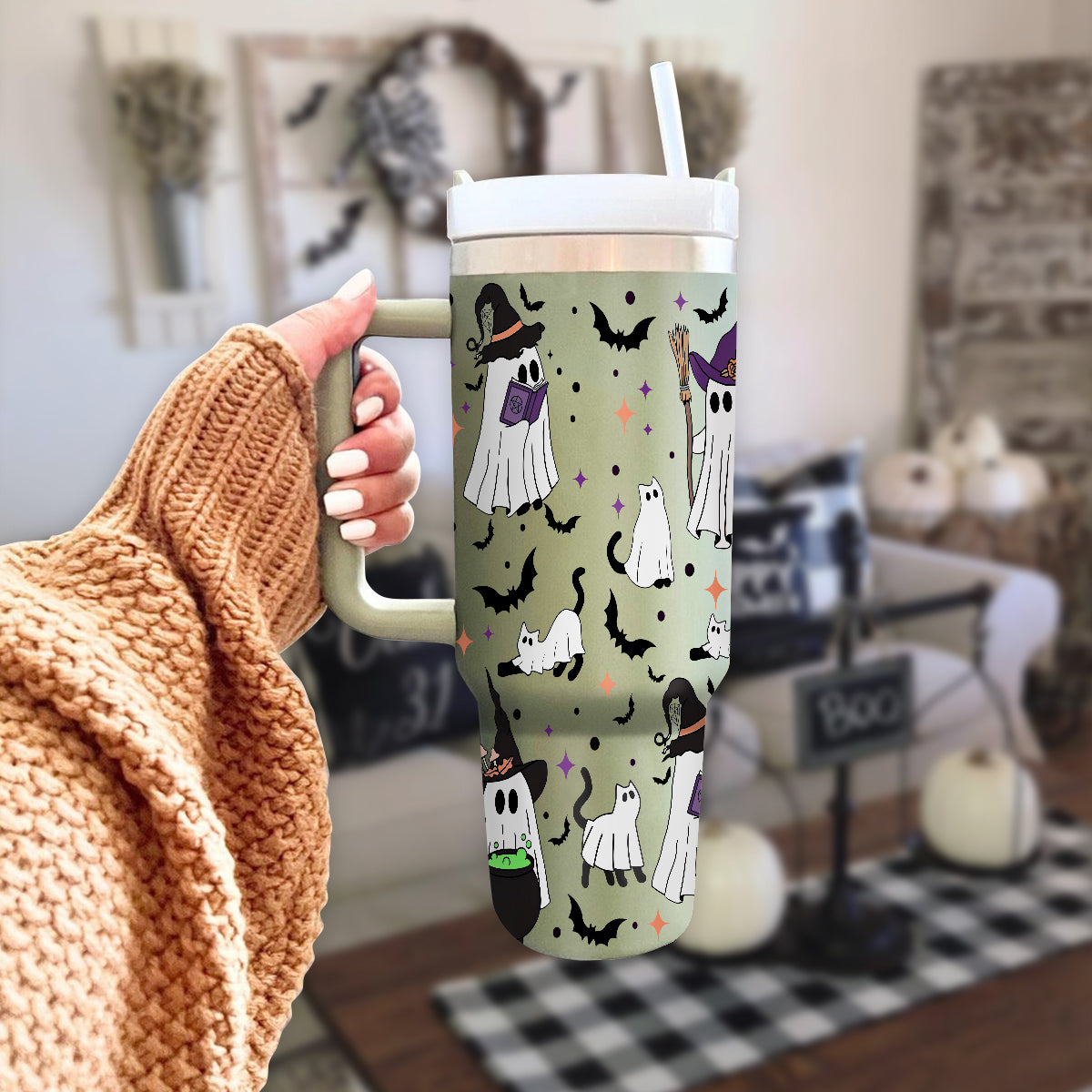 Petthouse | Spooky Vibes Ghost Cat 40oz Tumbler, Halloween Ghost Cat, Spooky Black Cat Cup, Cat Lover