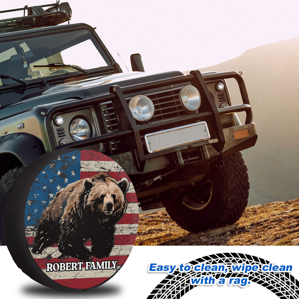 Petthouse | Customized Name Hunting Bear Forest American Flag Spare Tire Cover Wild Bear Durable Tire Protector