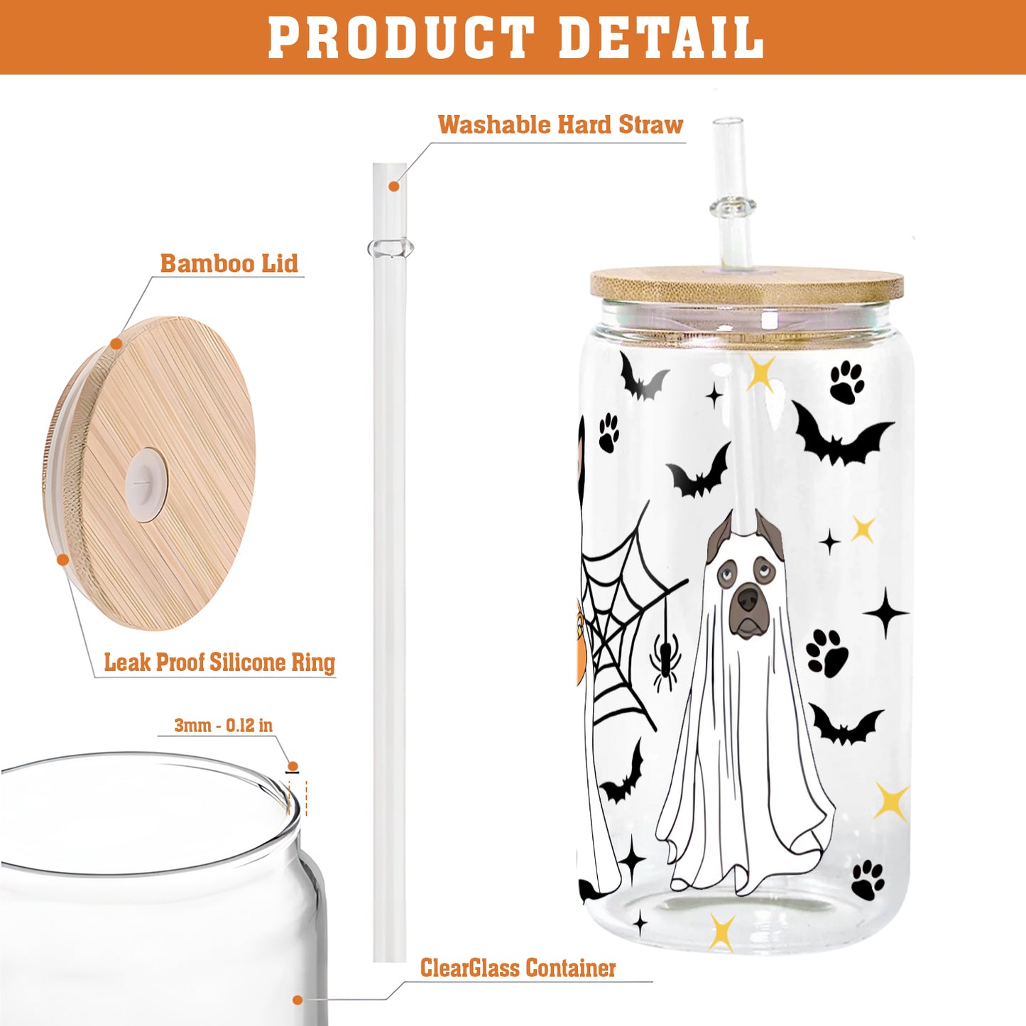 Petthouse | Cute Ghost Dog Coffee Cup, Glass Can Cup With Lid And Straw, Spooky Halloween Dogs Ghost