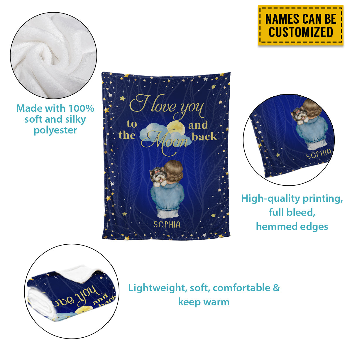 Petthouse | Customized Name Dog Girl Throw Blanket, I Love You To The Moon And Back Blanket, Star Sky Dog Lover