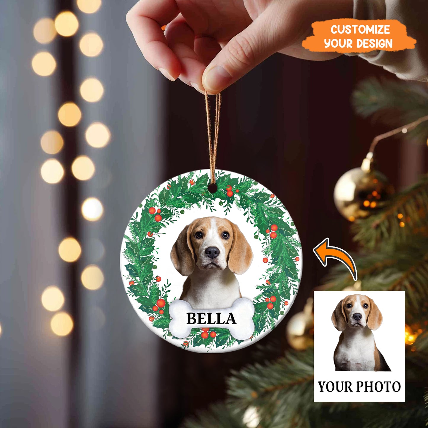 Petthouse | Personalize Dog Photo Ornament, Dog Christmas Wreath Ornament, Forever Love, Ornament Decor Tree