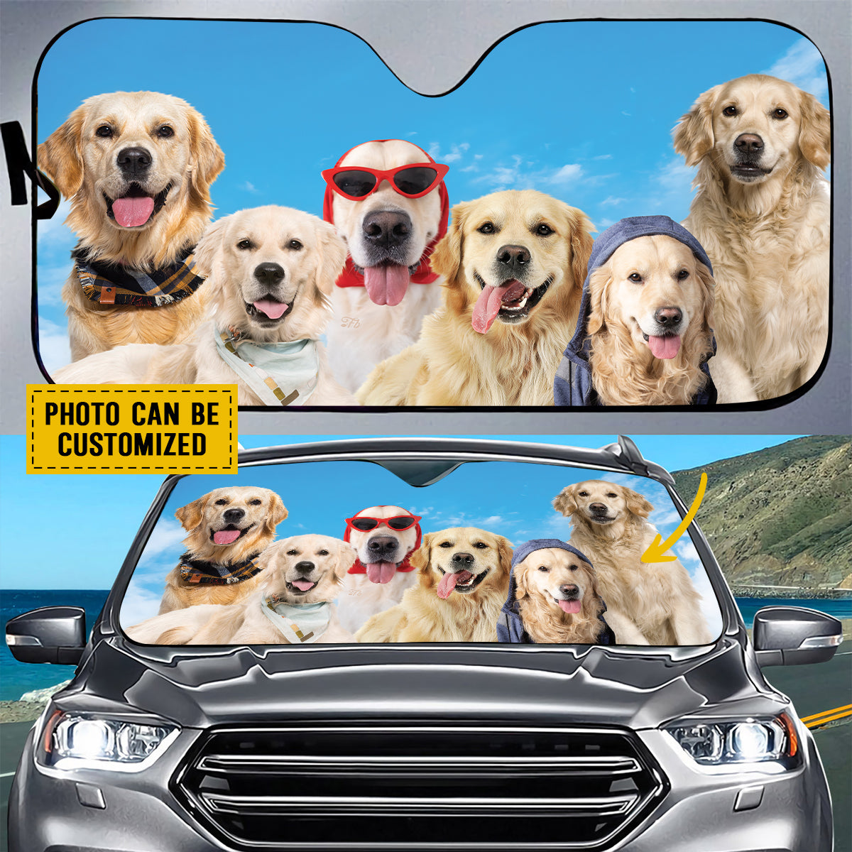 Petthouse | Customize Gift Windshield Sun Shade Dog Sunshade A Bunch Of Golden Retriever Dog Car