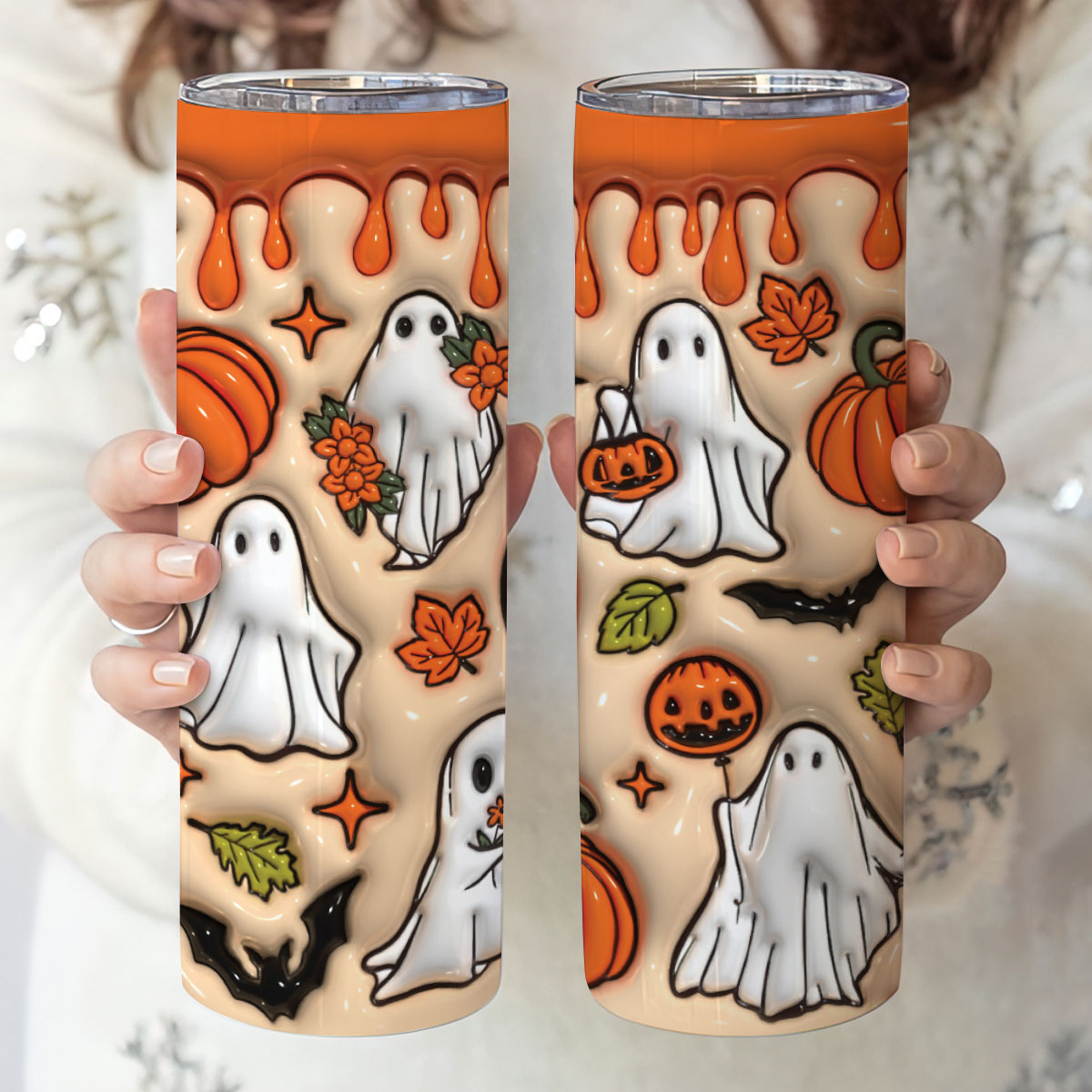 Petthouse | Halloween Ghost Spooky Vibes Inflated Skinny Tumbler, Halloween Ghost Spooky Vibes