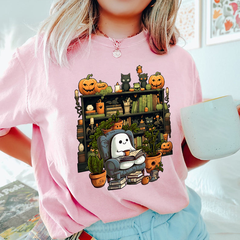 Petthouse | Ghost Reading Book Halloween Shirt, Librarian Ghost Halloween, Ghost Boo Reading Shirt