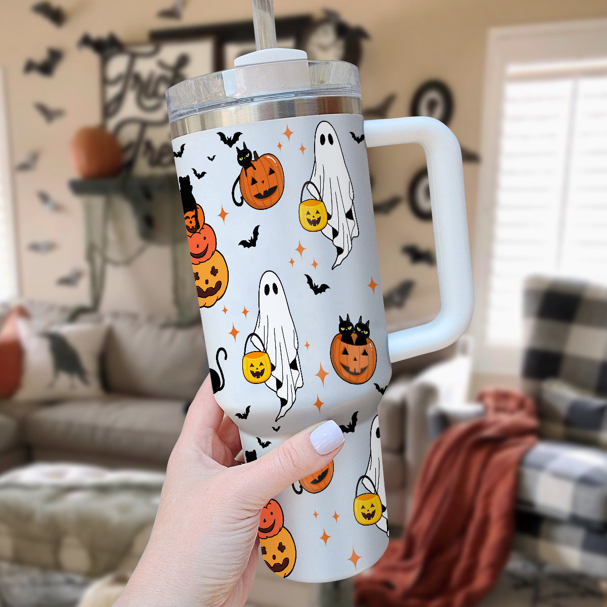 Petthouse | Cute Ghost Halloween 40oz Tumbler, Pumpkin Black Cat Tumbler, Spooky Pumpkin Insulated Cup