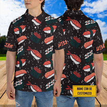 Petthouse | Customized Name Japanese Sushi Pattern Polo Shirt Sushi Food Golf Shirt Sushi Lovers Gift Japenese Patriot