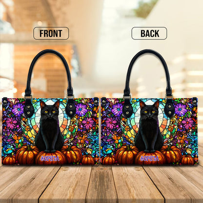 Petthouse | Personalized Black Cat Stained Glass Pattern Halloween Leather Handbag Wallet, Halloween Black Cat Handbag, Halloween Gift