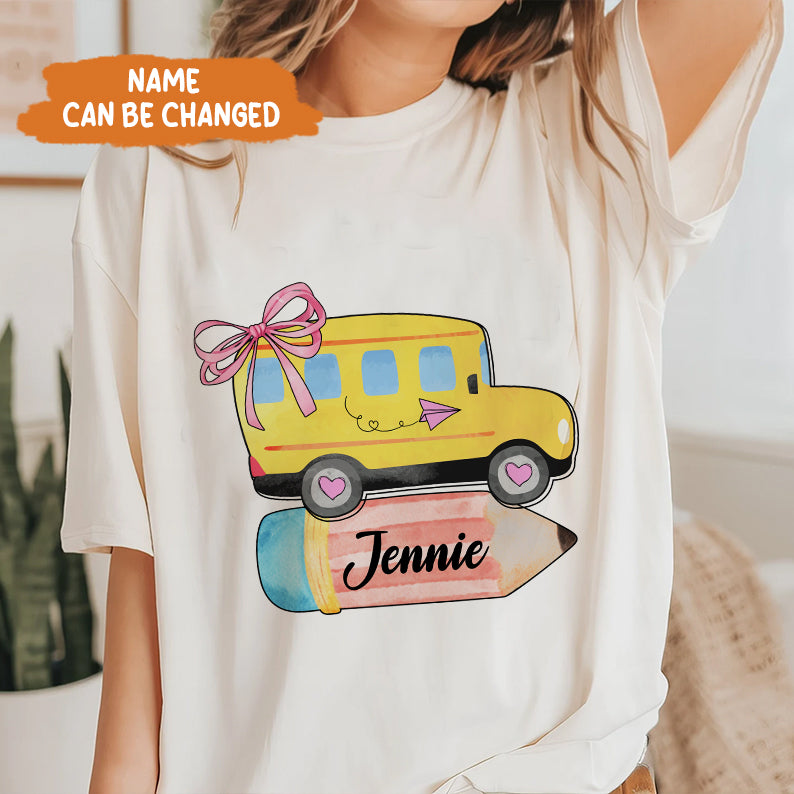 Petthouse | Personalized School Bus With Name Bow Shirt, Coquette Back To School Shirt, School Girl