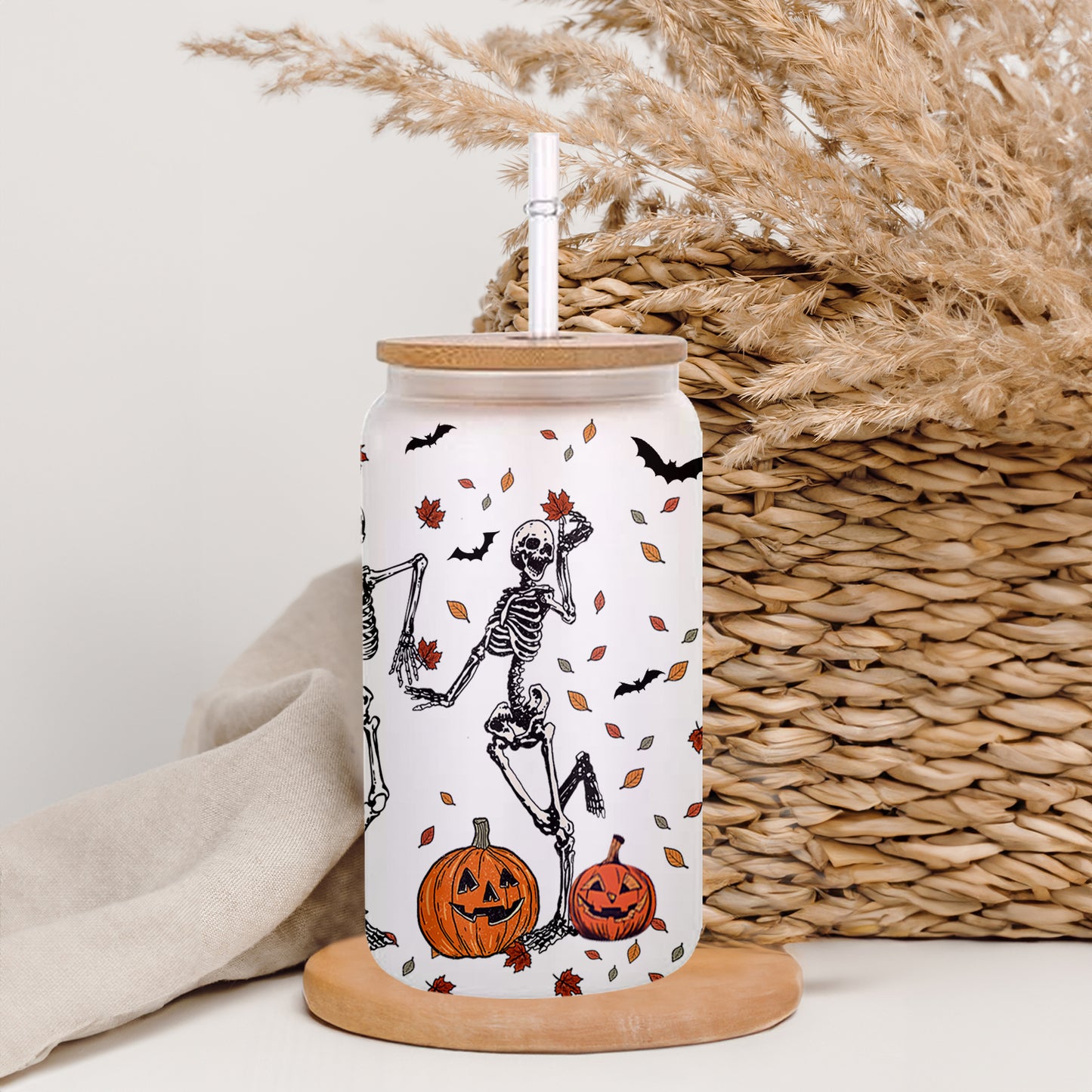 Petthouse | Skeleton Dancing Halloween Glass Can, Skeleton Halloween Iced Coffee Cup, Skeleton Dance Fall