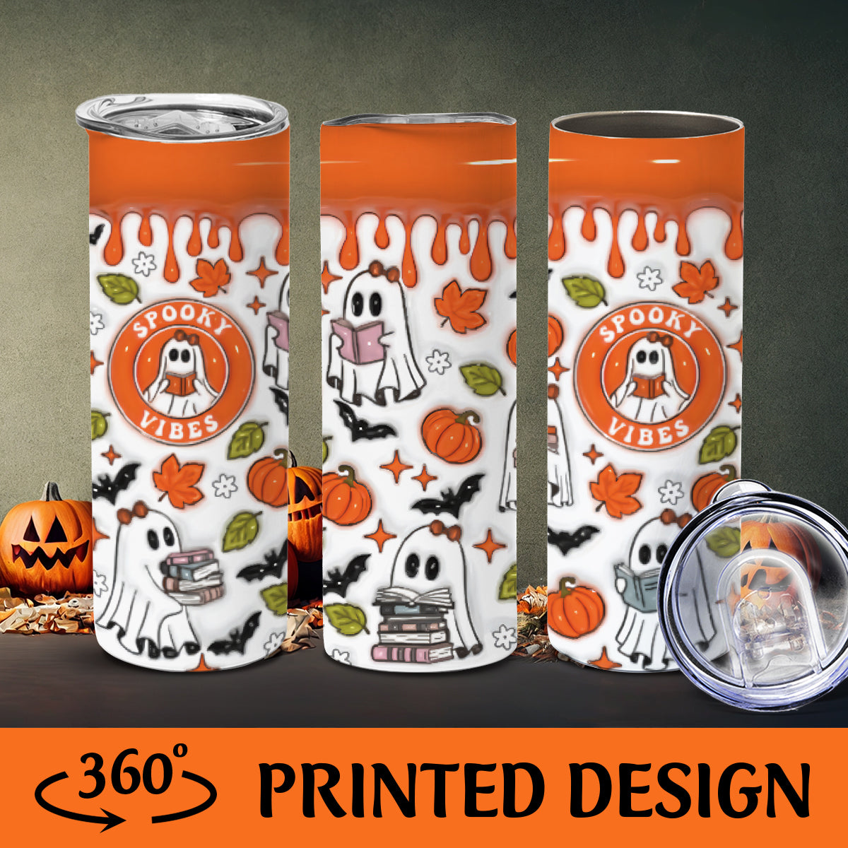 Petthouse | Ghost Reading Book Inflated 3d Skinny Tumbler, Ghost Books Halloween Tumbler, Ghost Book