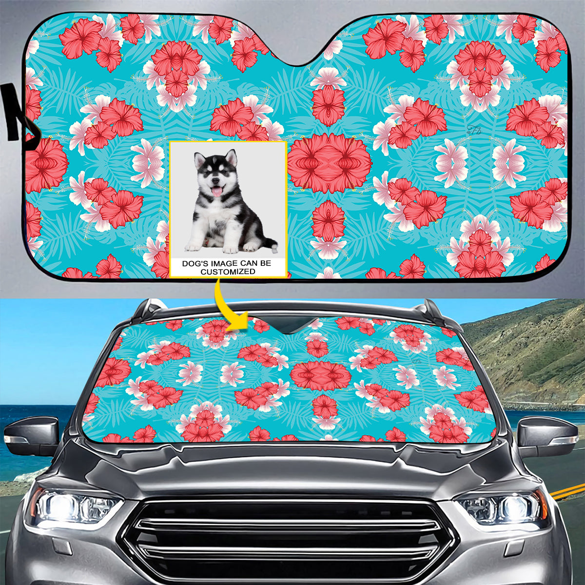 Petthouse | Customize Sun Shade Tropical Dog Sunshade Siberian Husky Hawaii Pattern Car Sun Shade Windshield