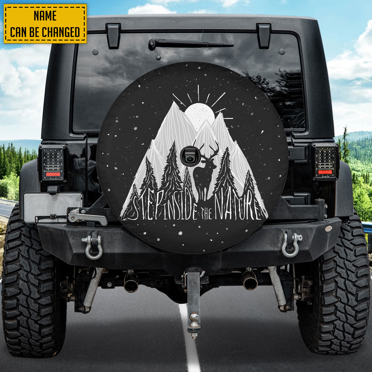 Petthouse | Customized Name Deer Mountains Sun Forest Landscape Spare Tire Cover Truck Decoration Camping Lovers Gift