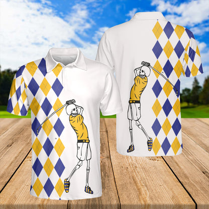 Petthouse | Skeleton Golf Blue And Yellow Argyle Pattern Polo Shirt Skull Golf Player Sport Shirt Golf Lovers Gift