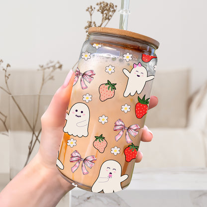 Petthouse | Strawberry Ghosts And Coquette Bows Glass Can, Cute Halloween Glass Can, Strawberry Ghost Cup