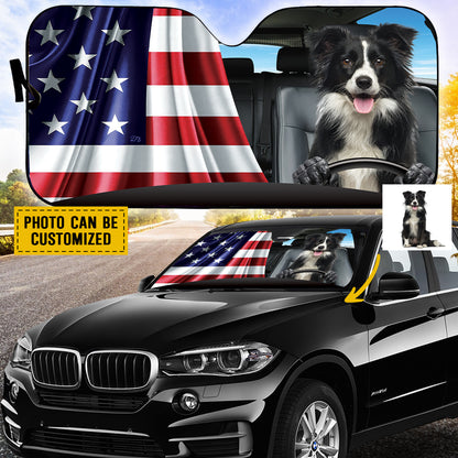 Petthouse | Custom Photo Dog Sunshade American Flag Windshield Sun Shade Border Collie Dog Driver Car