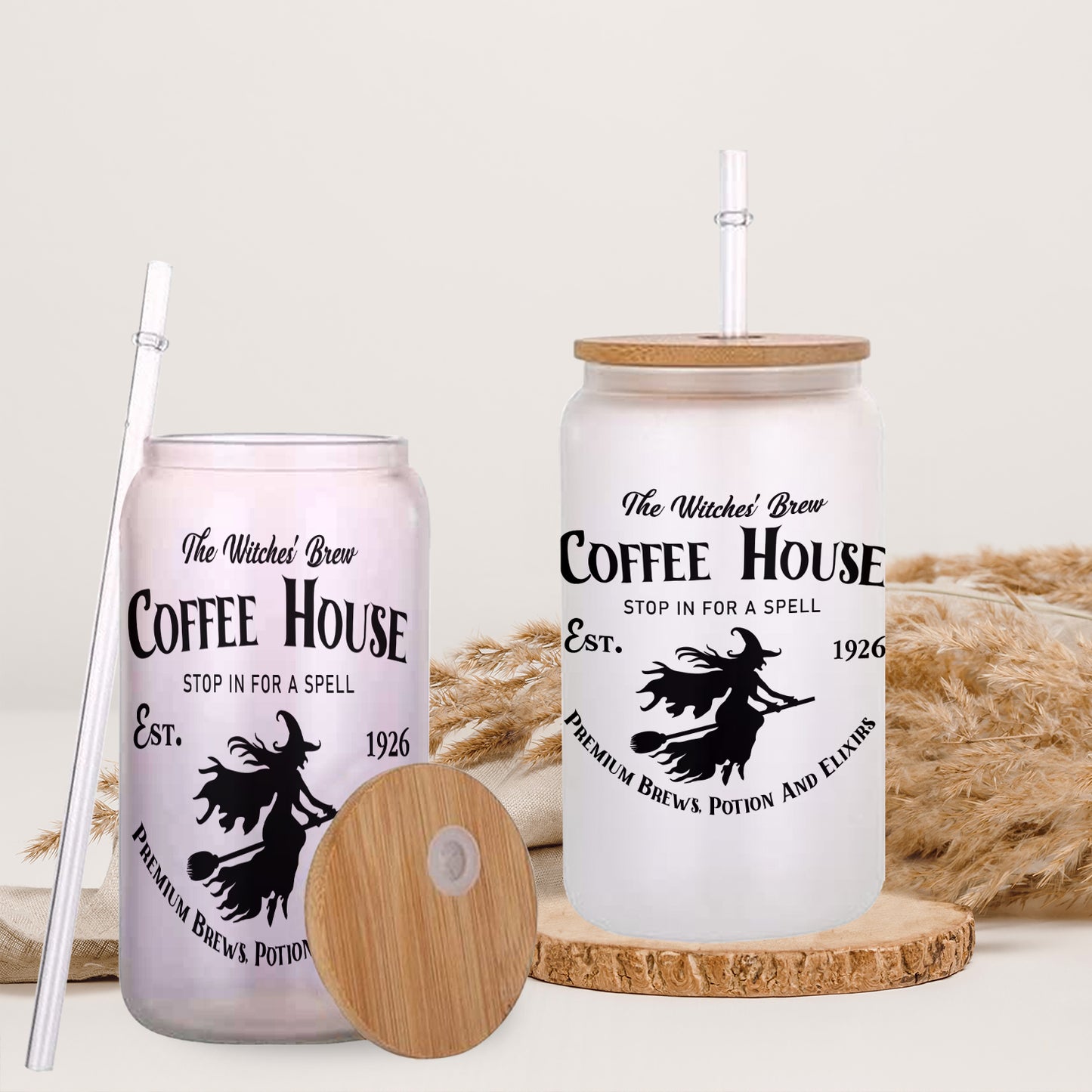 Petthouse | Witches Brew Coffee House Glass Can, Halloween Witchy Cup, Coffee House Witch Spooky Vibes