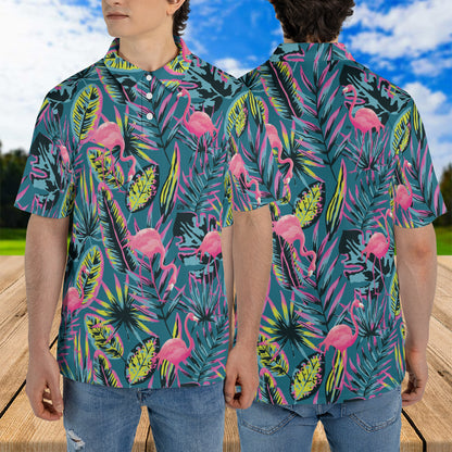 Petthouse | Flamingo With Modern Neon Tropical Polo Shirts Summer Leaves And Plants Seamless Pattern