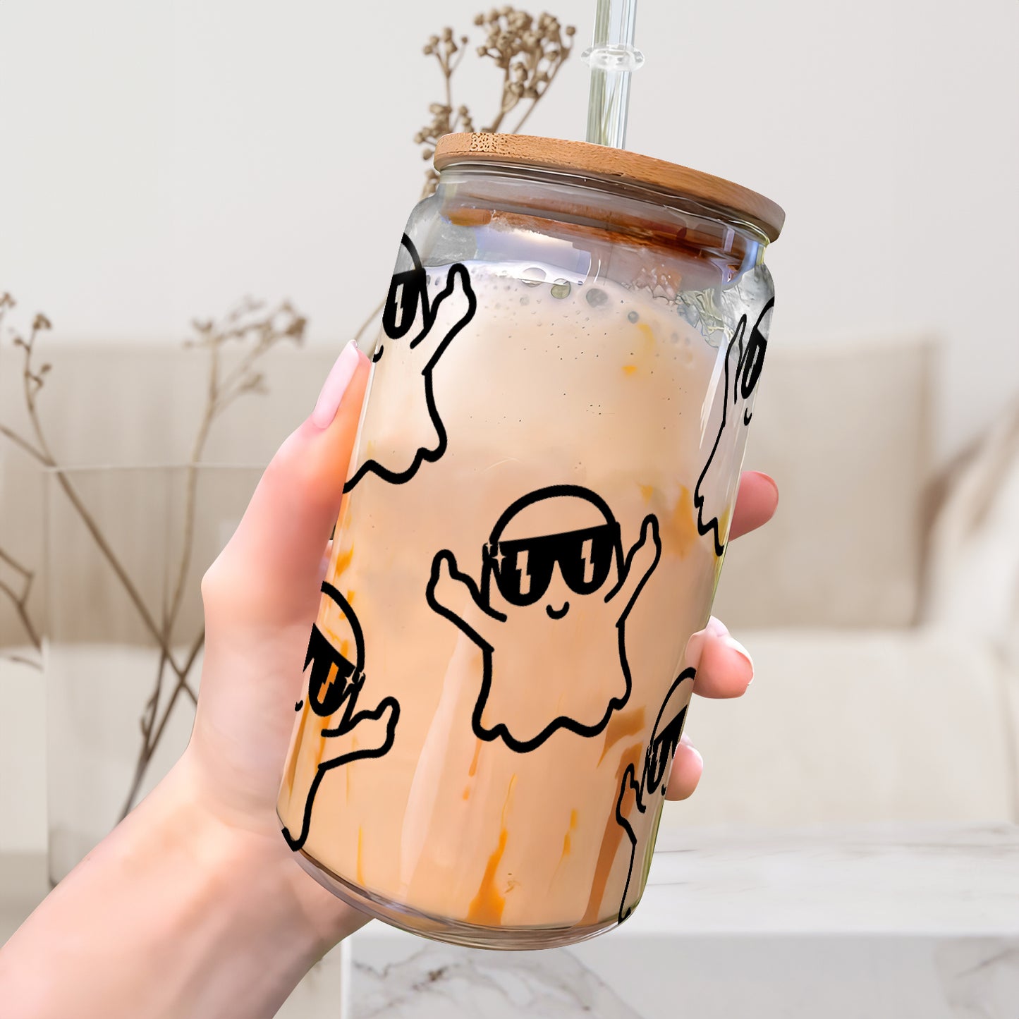 Petthouse | Middle Finger Ghost Halloween Can Glass, Iced Coffee, Coffee Cup, Smoothie Cup, Cute Ghost