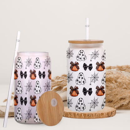 Petthouse | Bows Ghosts Halloween Glass Can, Bows Ghosts And Pumpkins Glass Can, Halloween Coffee