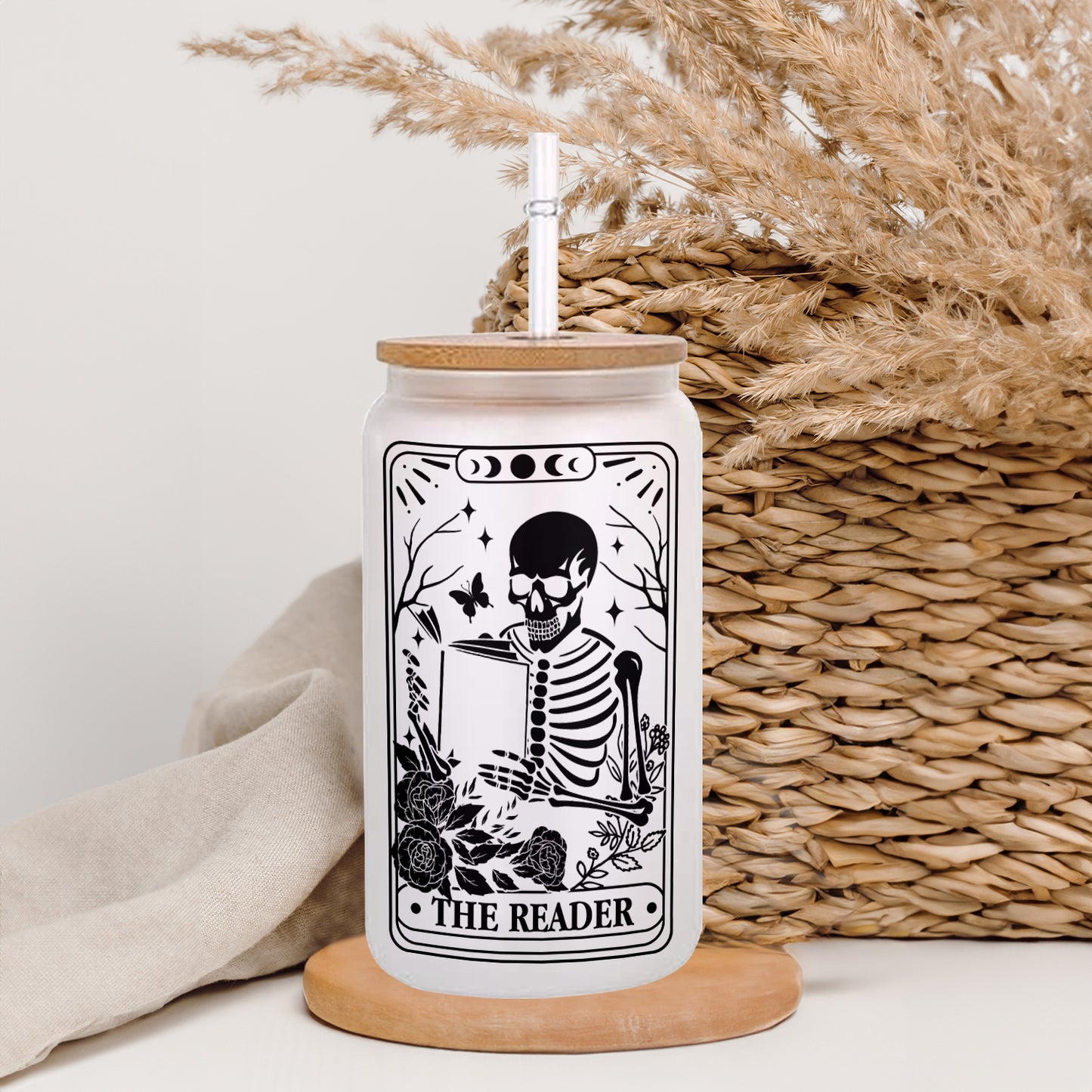 Petthouse | Skeleton Reading Glass Cup, The Reader Tarot Glass Can, Book Lover Gift, Tarot Lover Gift