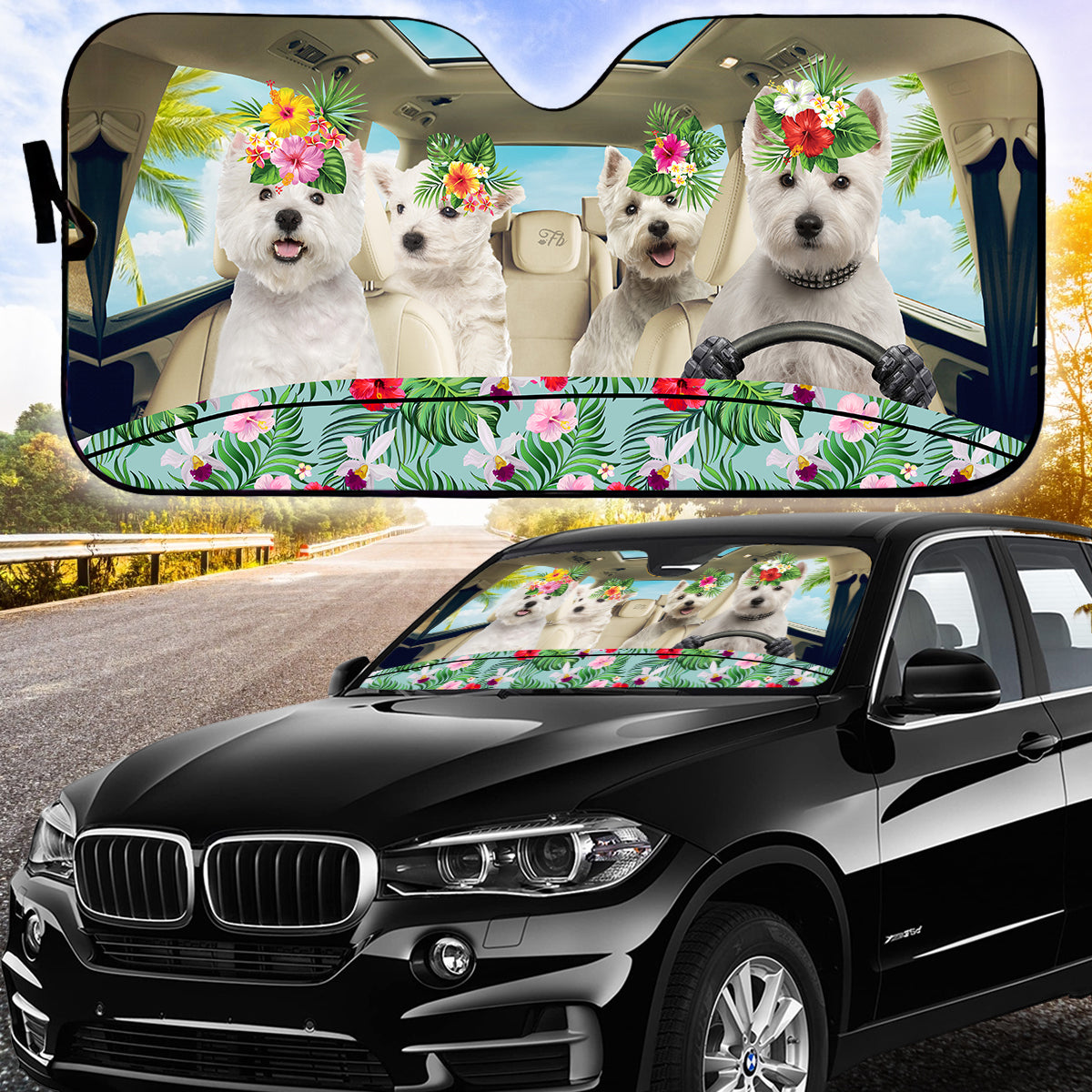 Petthouse | Westie Dog Hawaii Car Sun Shade Windshield Dog Sunshade Summer Dog Vacation Sun Visor