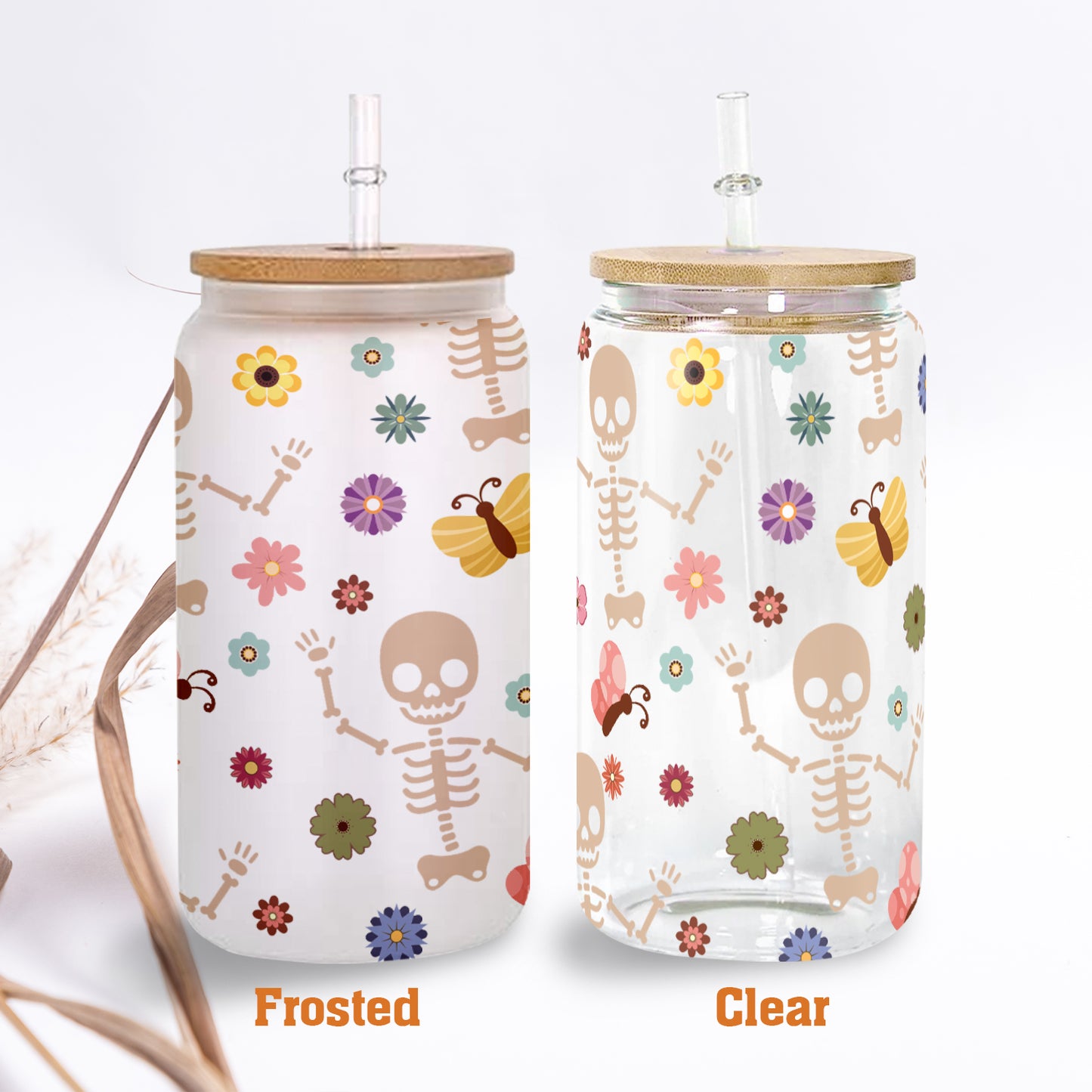 Petthouse | Skeleton Halloween Glass Can, Floral Skeleton Glass Can, Halloween Skeleton Coffee