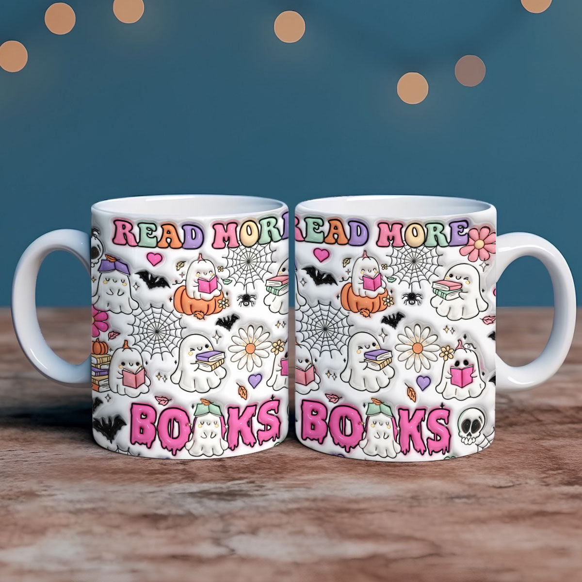 Petthouse | Inflated Book Lover Halloween Mug, Spooky Teacher Mug, Ghost Book Nerd Mug, Reading Books