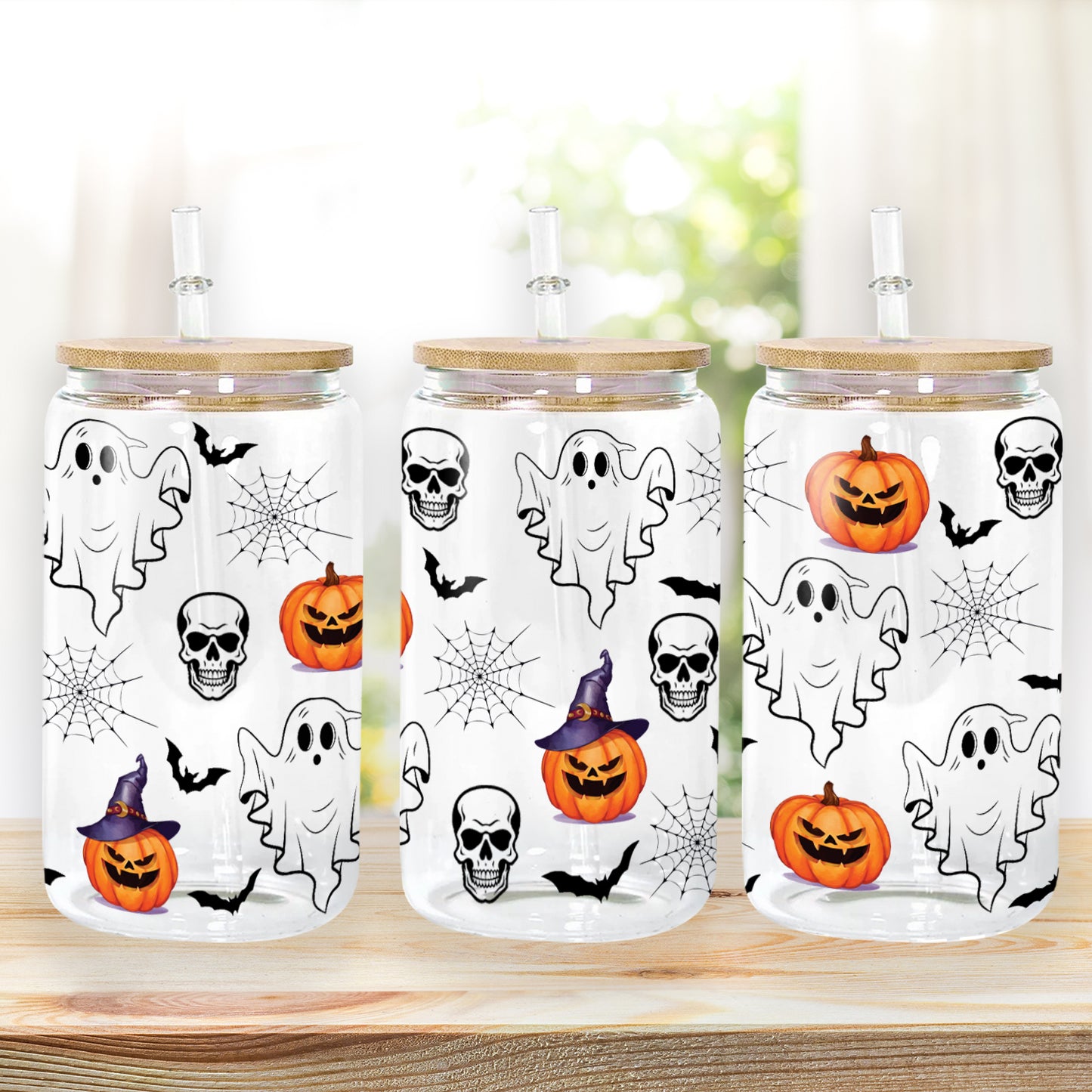 Petthouse | Ghost Halloween Glass Can, Skulls And Ghosts Glass Can, Spooky Season Pumpkin