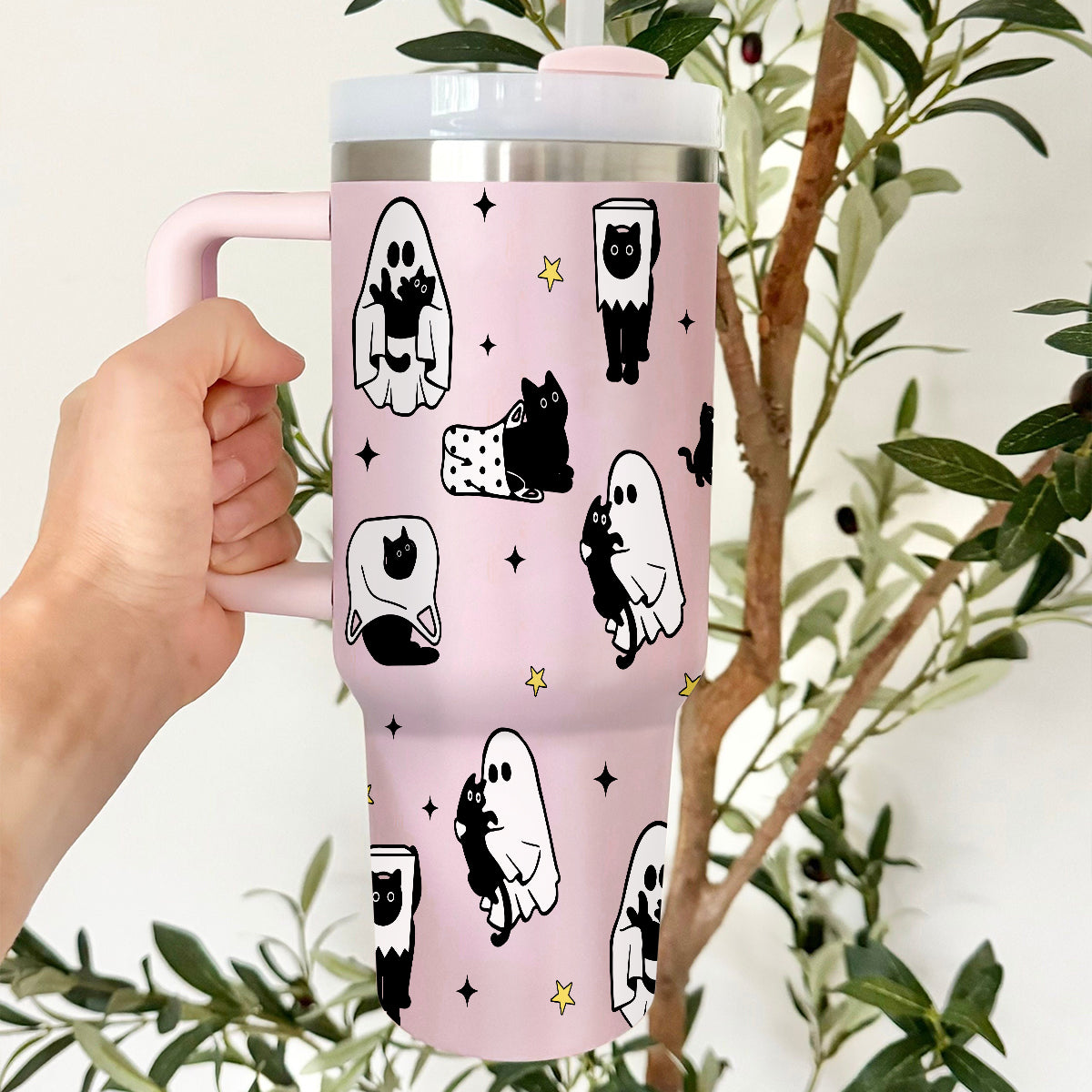 Petthouse | Halloween Cute Ghost Cat 40oz Tumbler, Spooky Black Cat Stainless Steel Tumbler, Cat Lover