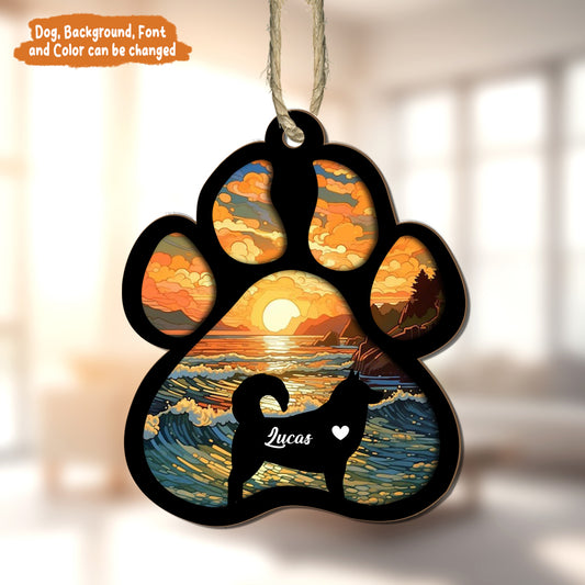 Petthouse | Personalized Dog Paw Memorial Suncatcher Ornament, Custom Sunset Background Pet Sympathy Gift