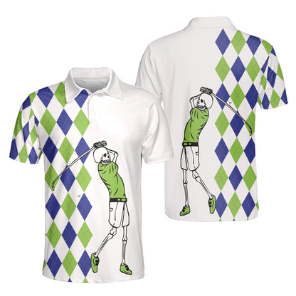 Petthouse | Golfer Skeleton Halloween Green And Blue Argyle Pattern Polo Shirt Golf Player Athletes Sport Shirt Dad