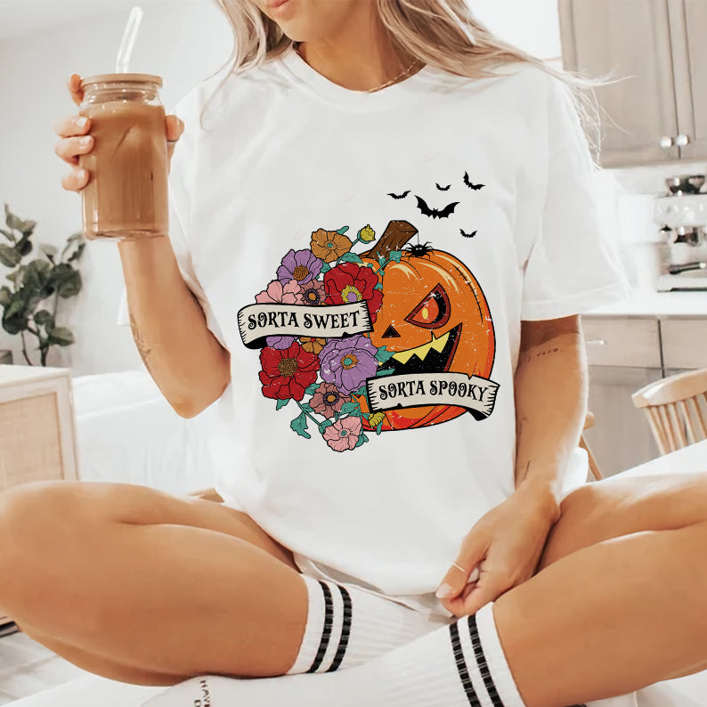 Petthhouse | Sorta Sweet Sorta Spooky Halloween Shirt, Halloween Wildflower Floral Pumpkin Shirt