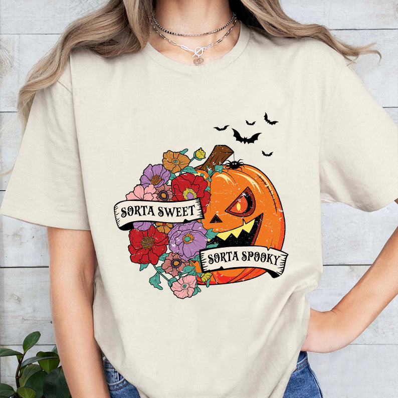 Petthhouse | Sorta Sweet Sorta Spooky Halloween Shirt, Halloween Wildflower Floral Pumpkin Shirt