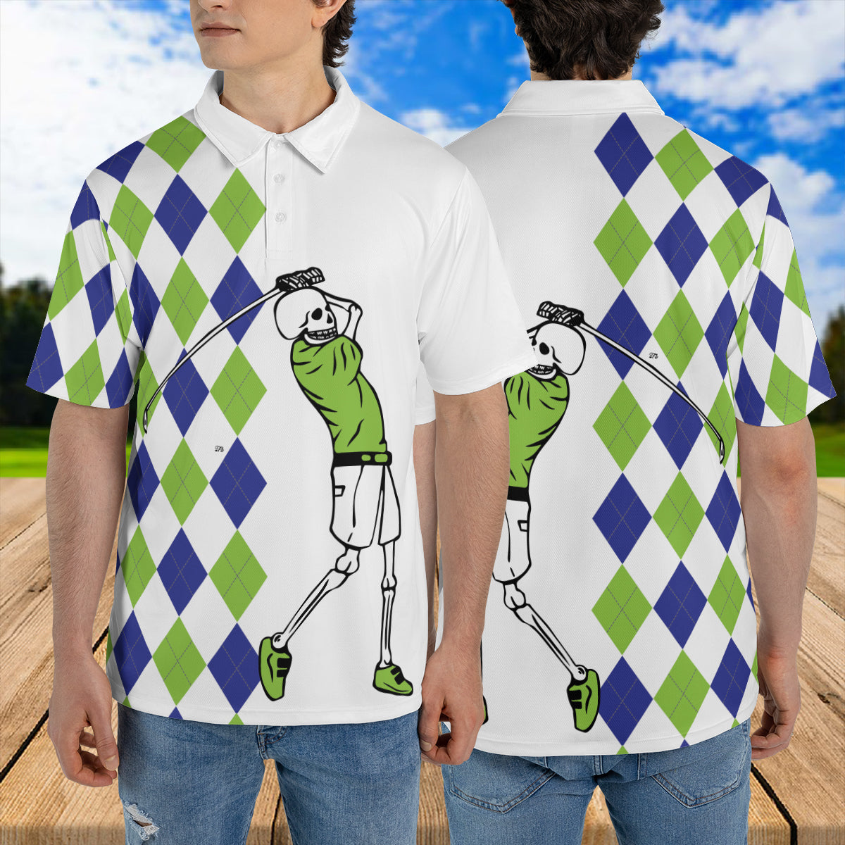 Petthouse | Golfer Skeleton Halloween Green And Blue Argyle Pattern Polo Shirt Golf Player Athletes Sport Shirt Dad