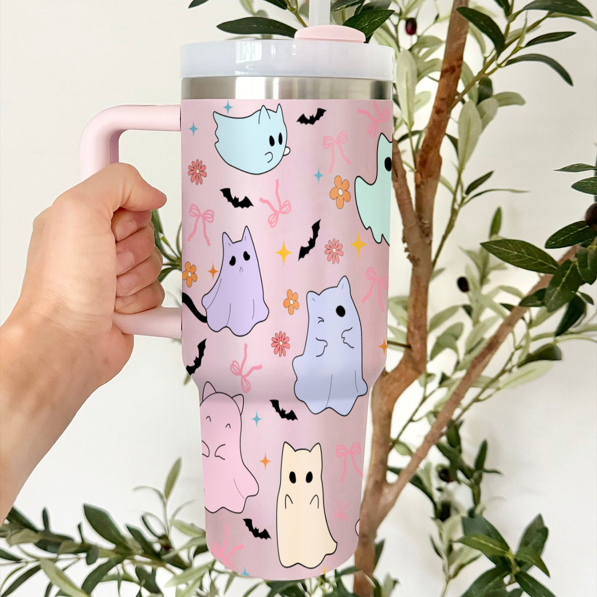 Petthouse | Cute Ghost Cats Halloween 40Oz Tumbler, Ghost Cat Stainless Steel Tumbler, Cat Ice Coffee Cup