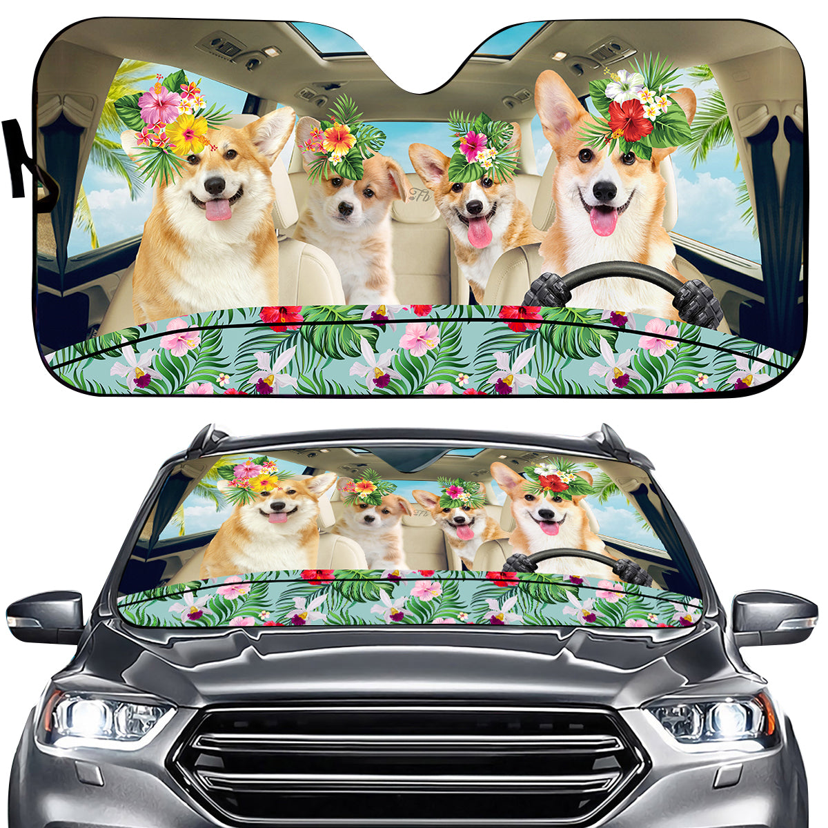 Petthouse | Corgi Car Sun Shade Windshield Corgi Family Driving Car Window Shade Front Dog Hello Summer