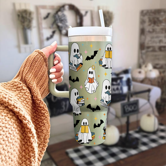 Petthouse | Cute Ghost Reading 40oz Tumbler, Halloween Bookish 40oz Tumbler, Spooky Ghost Reading Tumbler