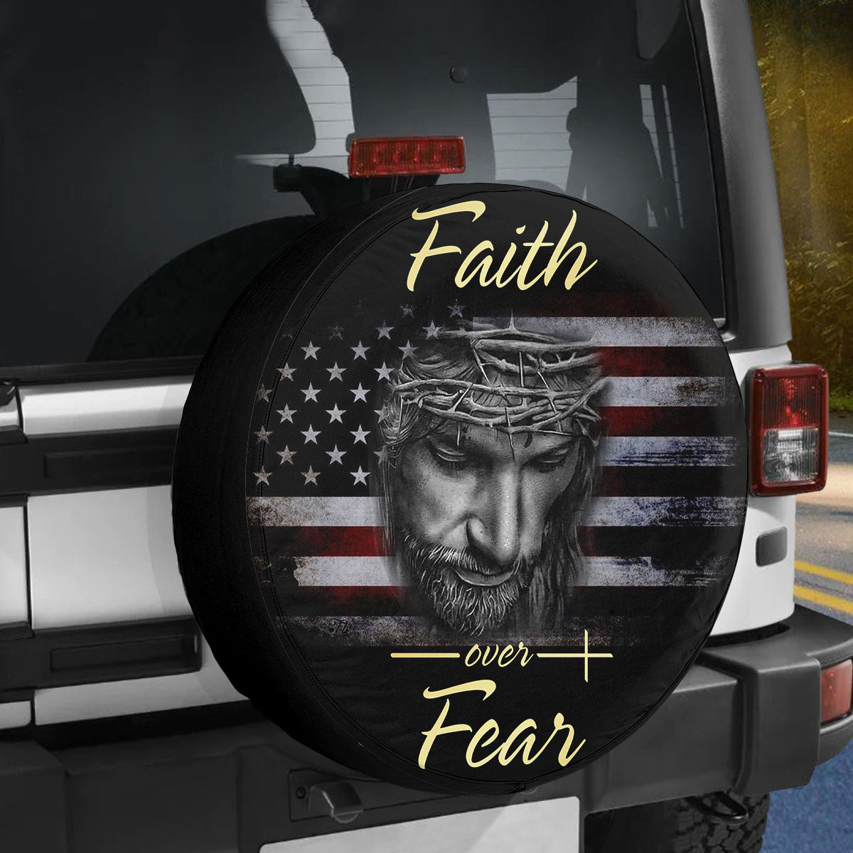 Petthouse | Christian Thin The Red Flag Wheel Tire Covers Jesus Christian Faith Over Fear Spare Tire Cover