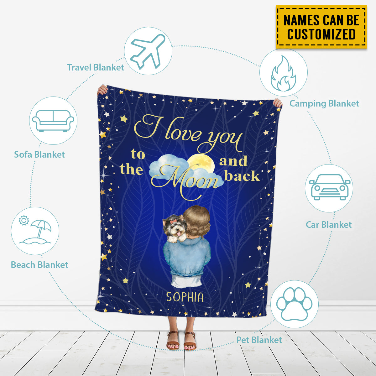 Petthouse | Customized Name Dog Girl Throw Blanket, I Love You To The Moon And Back Blanket, Star Sky Dog Lover