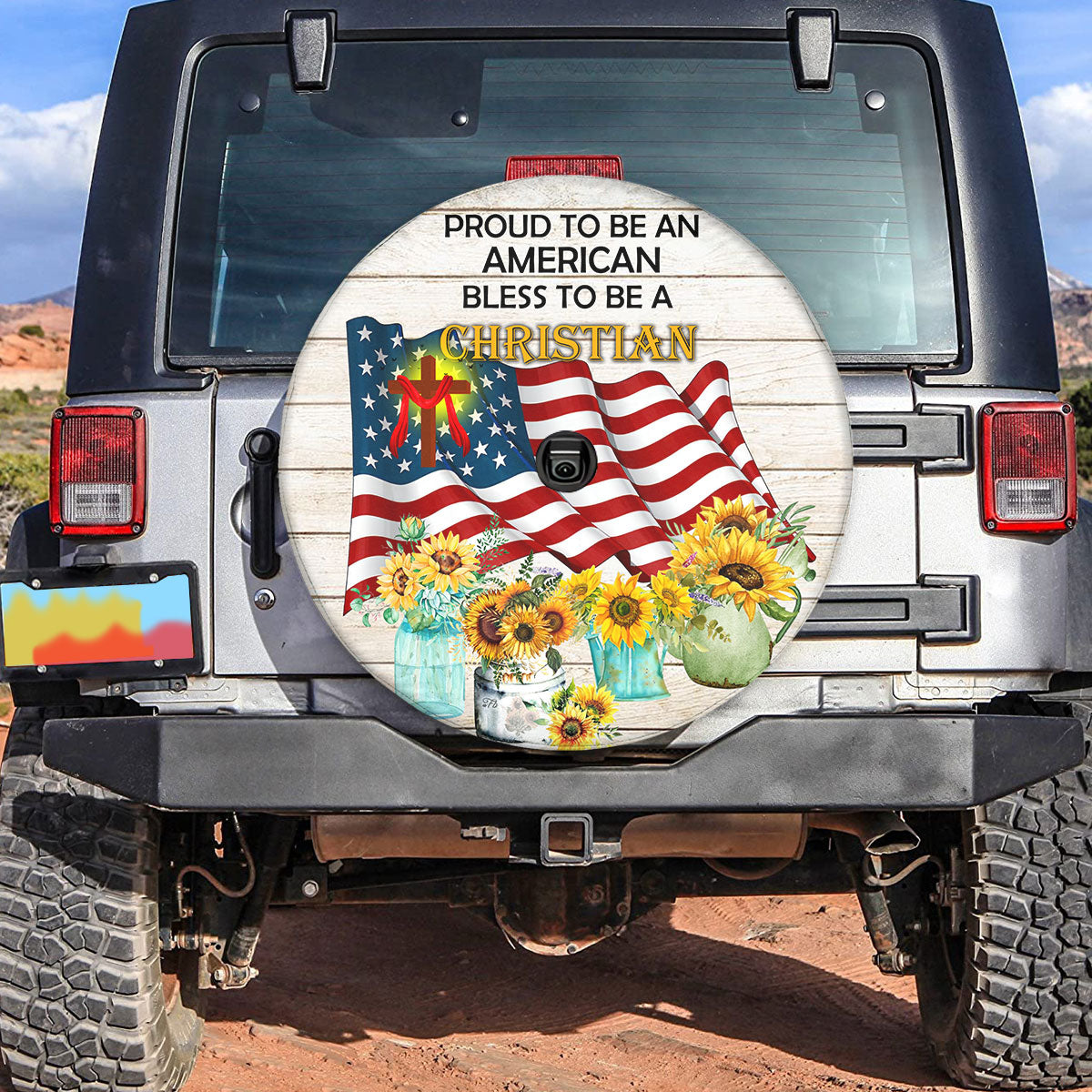 Petthouse | Sunflower American Flag Custom Tire Cover Jesus Catholic Proud To Be American Spare Tire Cover