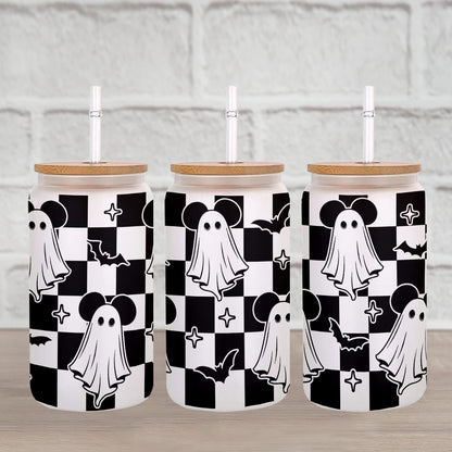 Petthouse | Ghost Mouse Halloween Glass Can, Halloween Mouse Glass Can Wrap, Checkered Ghost, Checkerboard