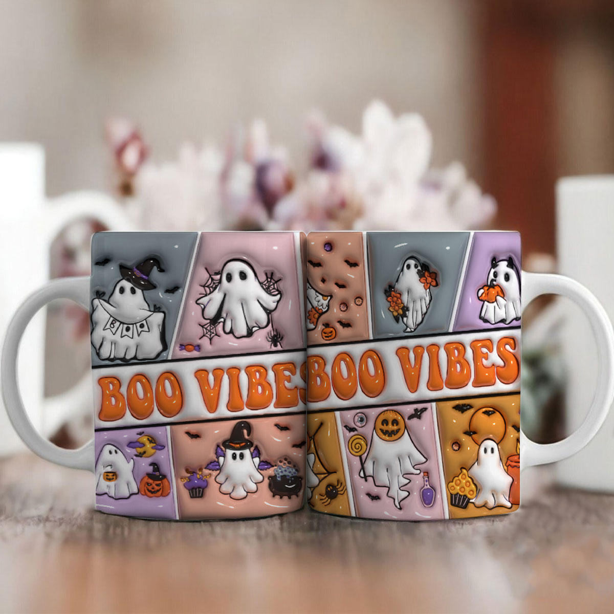 Petthouse | Boo Vibes Ceramic Mug, 3d Inflated Print Mug, Halloween Ghosts, Spooky Vibes Mug, Cute Boo Squad