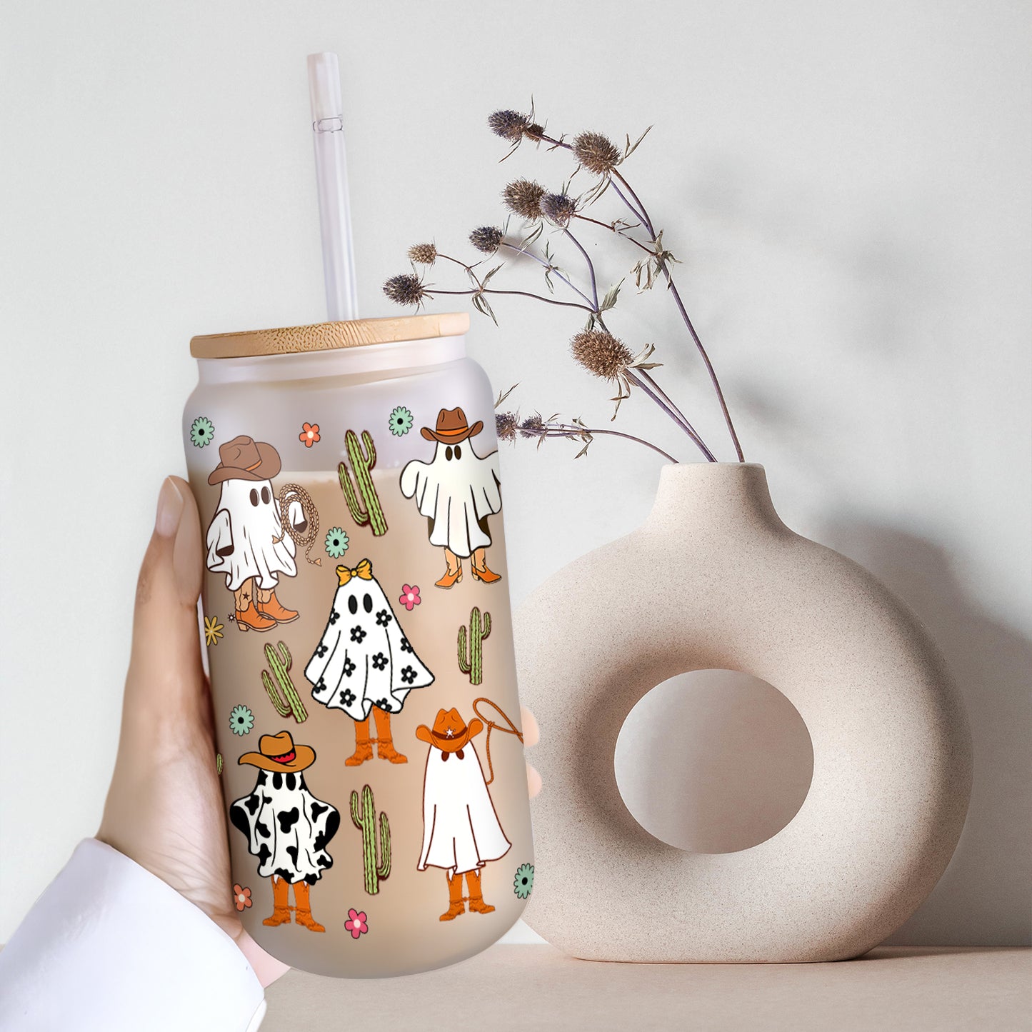 Petthouse | Western Ghost Glass Tumbler, Ghost Cowboy Coffee Glass Can, Western Ghost Lover Gifts