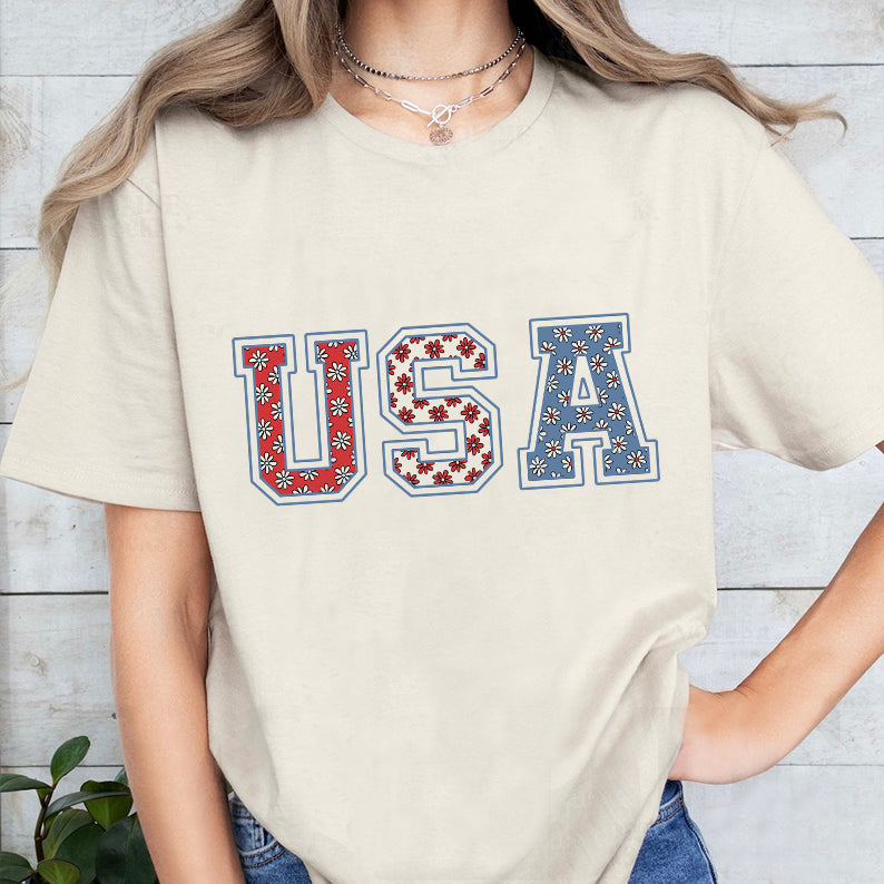 Petthouse | 4th Of July Usa Floral Flowers Shirt, Independence Day Women Tee