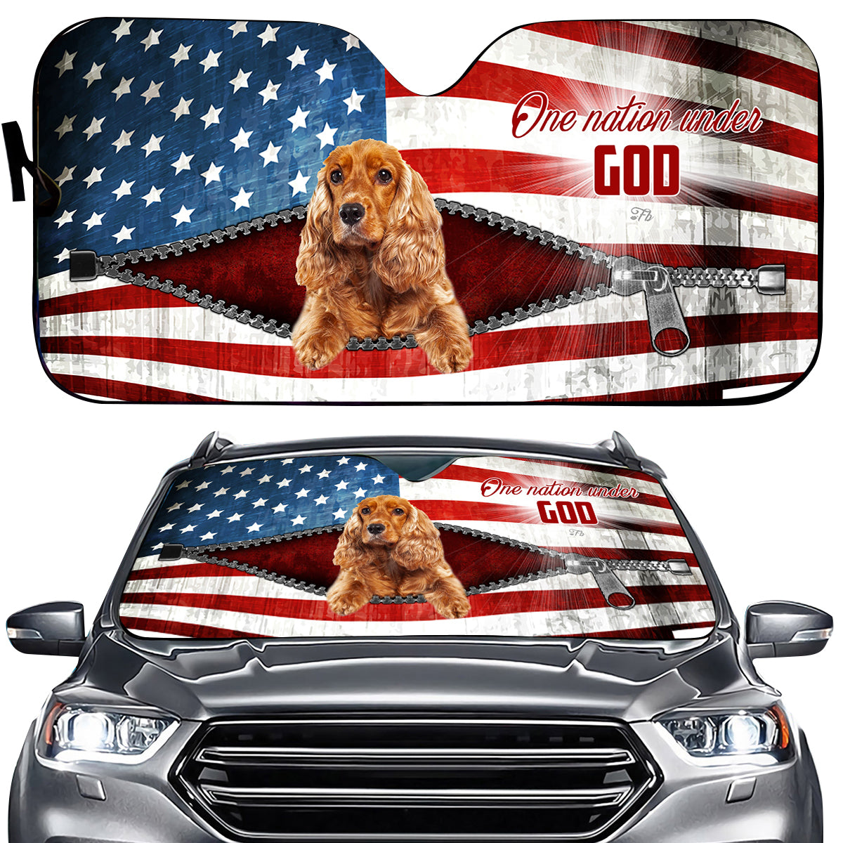 Petthouse | English Cocker Spaniel Windshield Sun Shade American Flag Windshield Cover One Nation Under God