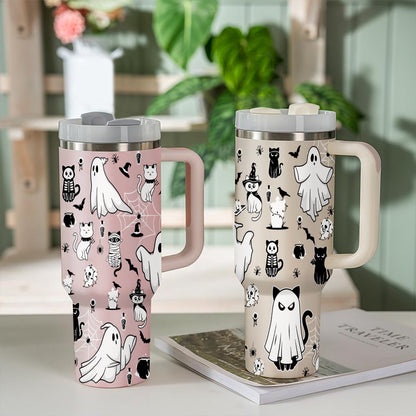 Petthouse | Halloween Ghost Doodles  40oz Tumbler, Spooky Black Stainless Steel Cup, Ghost Cute Spooky Season